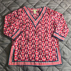 (M) Women's Caribbean Joe Pink Navy White Patterned Three-quarter Sleeve Tunic